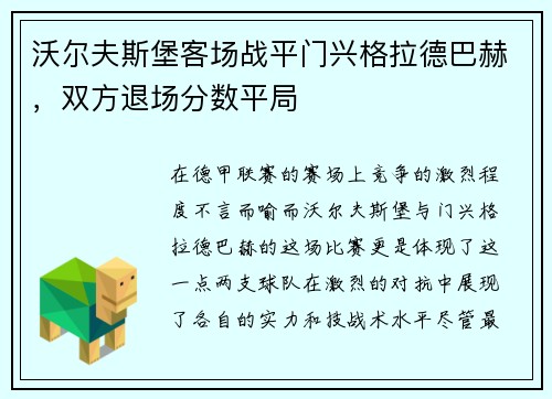 沃尔夫斯堡客场战平门兴格拉德巴赫，双方退场分数平局