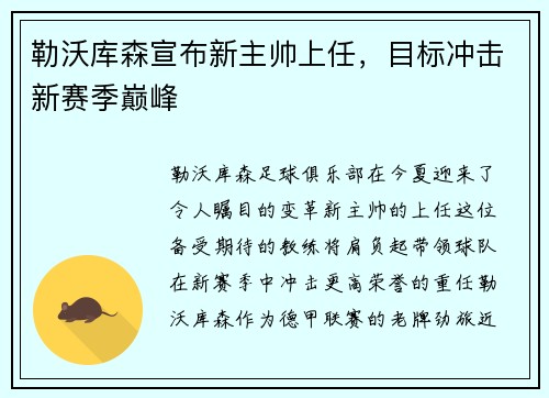 勒沃库森宣布新主帅上任，目标冲击新赛季巅峰